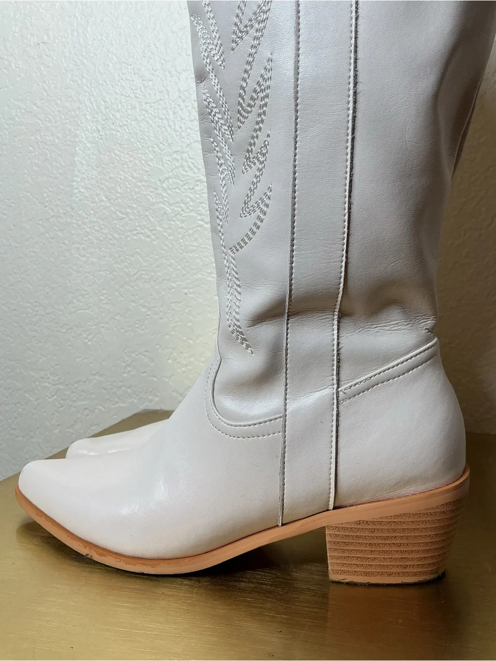 White Women's Leather Knee-High Western Boots